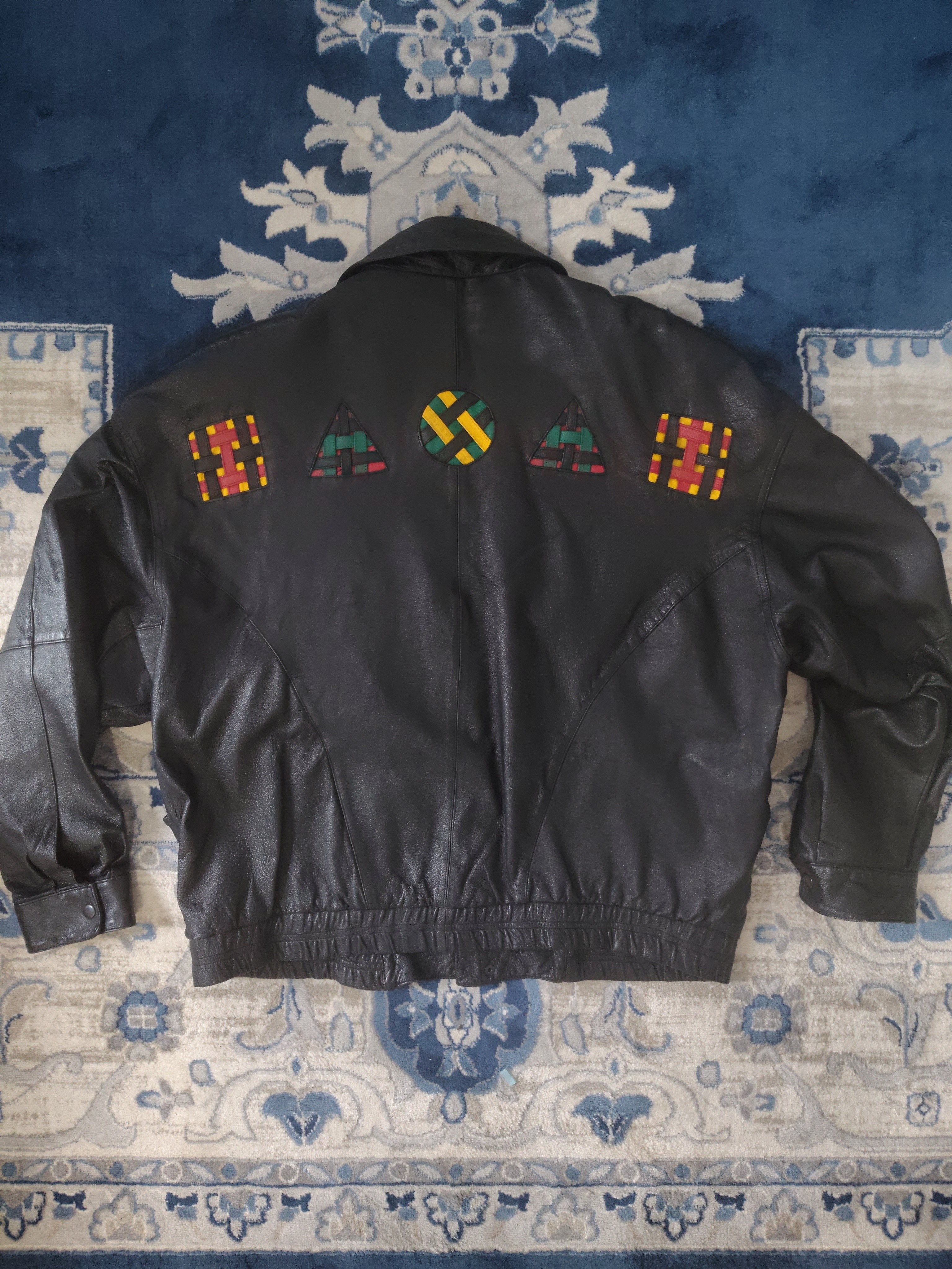 Men's Vintage Black Leather Bomber Jacket With Multicolor Embroidery